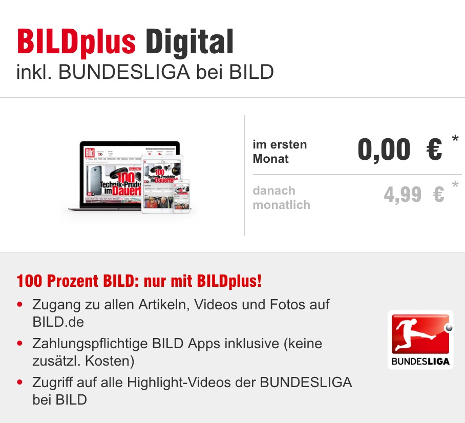 Tipp! 1 Monat BILDplus Digital inkl. BUNDESLIGA bei BILD komplett kostenlos