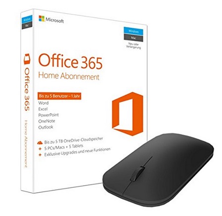 Primedeal! Jahresabo Microsoft Office 365 Home 5 PCs oder MACs inkl. Microsoft Designer Bluetooth Mouse nur 49,90 Euro