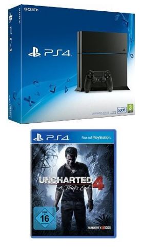 Sony PlayStation 4 (500GB, schwarz) [CUH-1216A] + Uncharted 4: A Thief’s End für nur 269,97 Euro inkl. Versand
