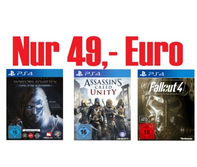 Geniales PS4 Games-Bundle: Assassin’s Creed: Unity + Mittelerde: Mordors Schatten + Fallout 4 für 49,- Euro