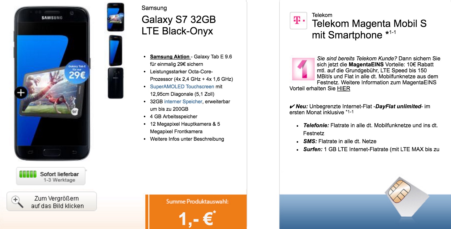 Telekom-Tarif Magenta Mobil S für nur 39,95 Euro monatlich + Top-Smartphone für nur einmalig 1,- Euro + Galaxy Tab E 9.6 für nur 29,- Euro