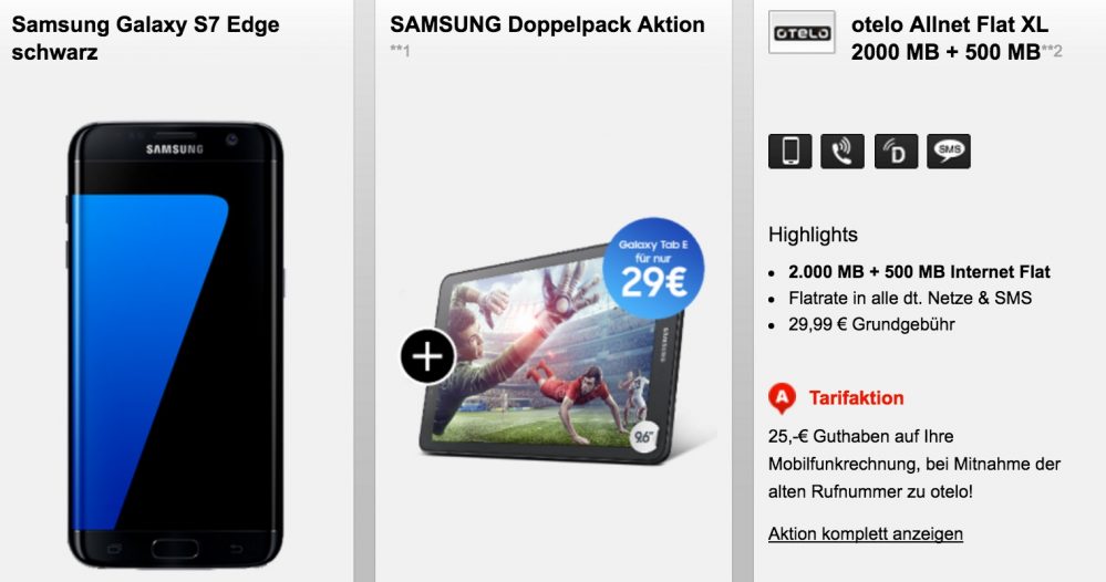 Knaller! Otelo Allnet Flat XL mit 2,5GB + Galaxy S7 (Edge) + Galaxy Tab E 9.6 für nur eff. mtl. 2,07 Euro