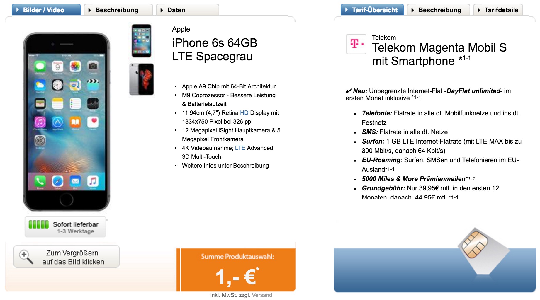 Telekom Magenta Mobil S + Apple iPhone 6s (64GB) für nur effektiv 12,28 Euro monatlich