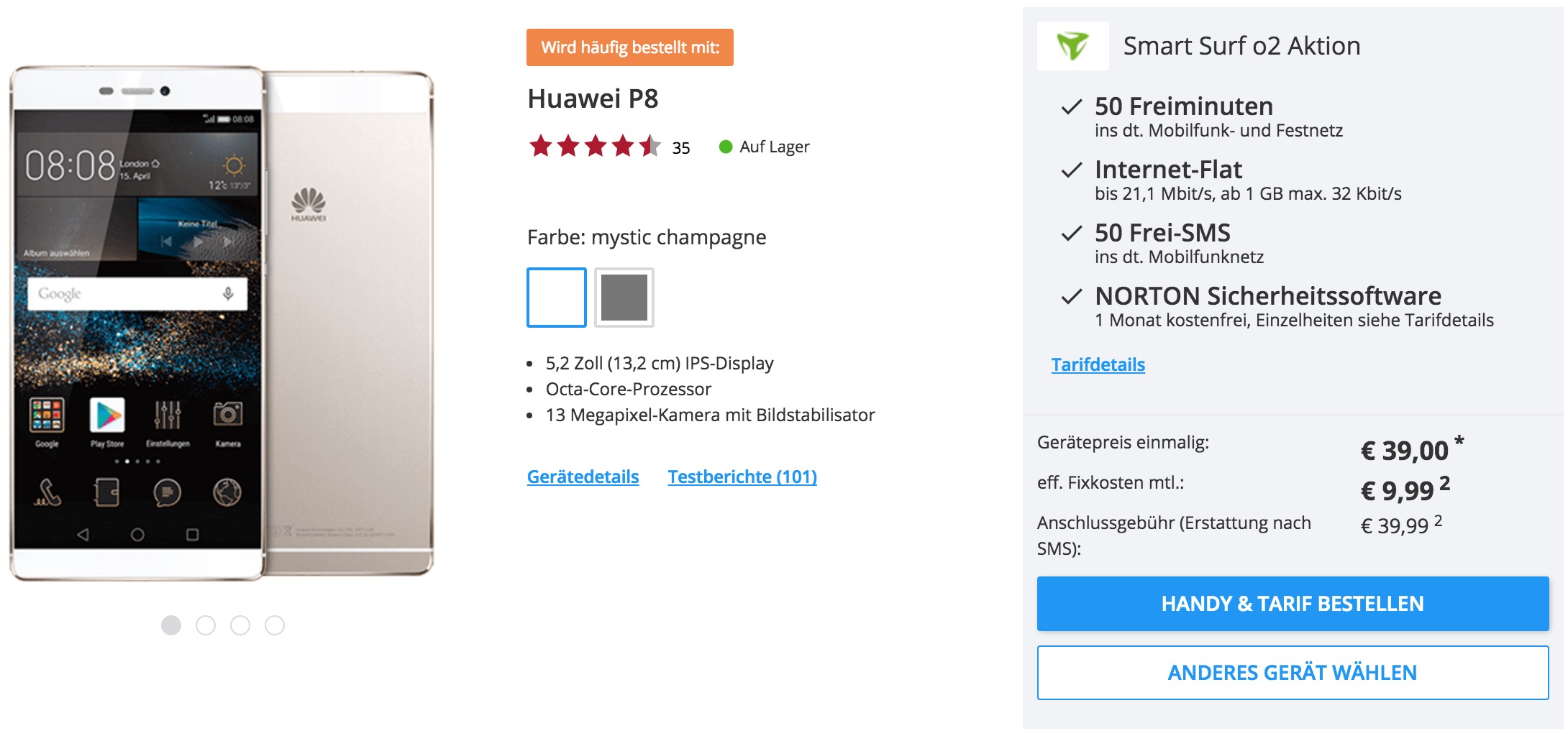 Sparhandy-Knaller: o2 Tarif Smart Surf mit 1GB Daten + Huawei P8 effektiv mit Gewinn!