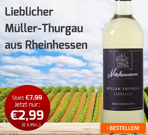 Müller-Thurgau lieblich aus Rheinhessen in der 12er Kiste nur 40,85 Euro inkl. Anlieferung – ebenfalls aktiv: 6 bestellen, nur 3 bezahlen