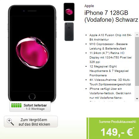 Vodafone Smart L Giga + Apple iPhone 7 128GB für 39,99 Euro monatlich + einmalig 149,- Euro