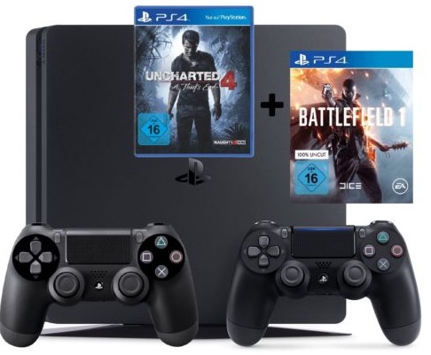 Playstation 4 Slim 1TB inkl. 2. Controller + Battlefield 1 + Uncharted 4 nur 369,99 Euro