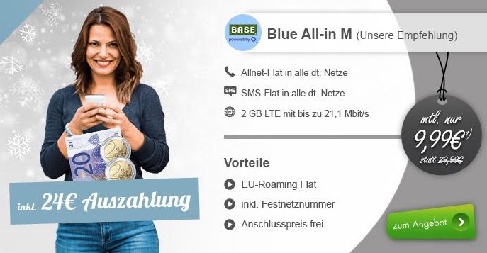 Base SIM-Only-Deals – z.B. Blue All-in M mit 2GB Daten nur 9,99 Euro monatlich + dazu 24,- Euro Auszahlung