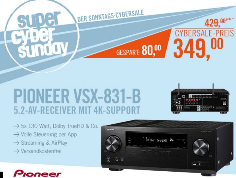 5.2 Pioneer VSX-831-B AV-Receiver (4K, Airplay, Bluetooth, WiFi) in Schwarz für nur 349,- Euro inkl. Versand