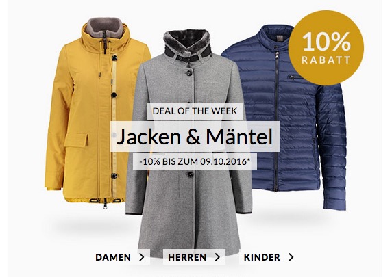 Heute neu: Engelhorn Weekly Deal mit 10% Extra-Rabatt auf Jacken & Mäntel