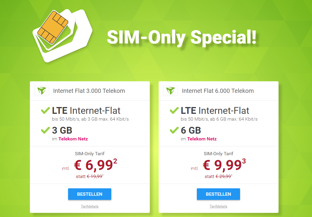 Nur noch heute! Datenflatrate im Telekomnetz 3GB nur 6,99 Euro im Monat (vorher 19,99) – mit 6GB nur 9,99 Euro