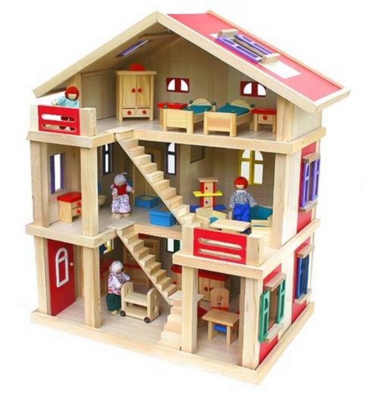 Riesengroßes Puppenhaus aus Holz (inkl. Möbel & Puppen, 54x37x69cm) für