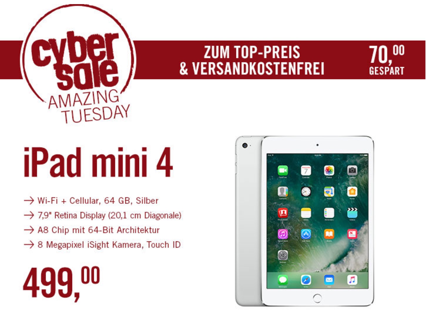 Apple iPad mini 4 Wi-Fi + Cellular 64GB in Silber für nur 499,- Euro inkl. Versand