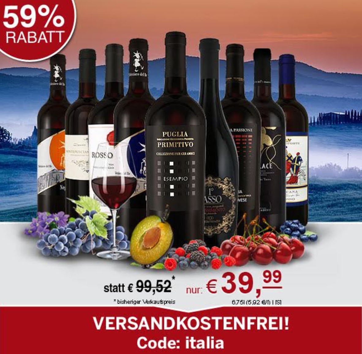 Italienische Probierwelt mit 9 Rotweinen für nur 39,99 Euro inkl. Versand