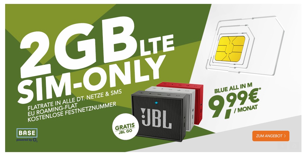 Base Blue All-in M Allnet-Flat + SMS-Flat + 2GB LTE-Flat nur 9,99 Euro – dazu JBL Bluetooth Lautsprecher geschenkt