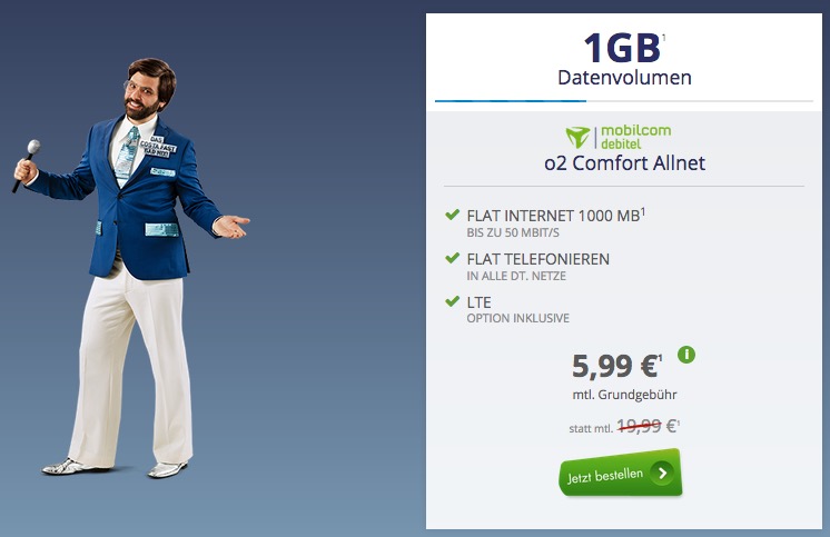 Comfort Allnet o2 mit Allnet-Flat und 1GB Datenflat (bis 50 MBit/s) für 5,99 Euro pro Monat – statt normal 19,99 Euro