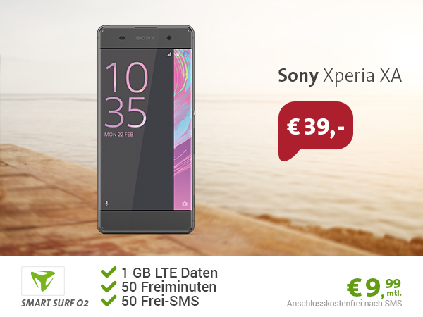 o2 Smart Surf Tarif (50 Freiminuten, 50 Frei-SMS, 1GB LTE Internet Flat) + Sony Xperia XA effektiv nur 1,95 Euro monatlich