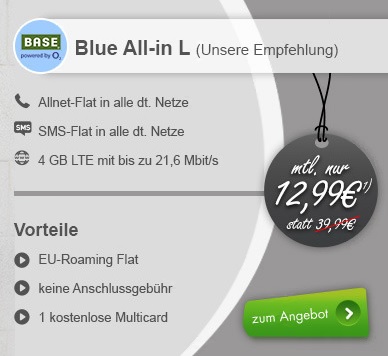 Sim-Only-Knaller: BASE Blue All-in L mit Telefon- und SMS-Flat + 4GB Daten + EU-Roaming für nur mtl. 12,99 Euro + 24,- Euro Auszahlung