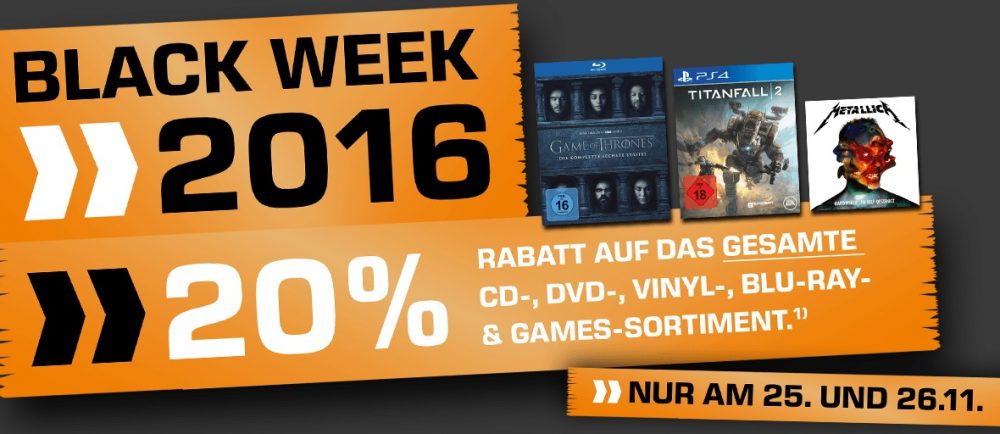 Saturn Black Week: 20% Rabatt auf alle CDs, DVDs, Vinyls, Blu-rays & Games!