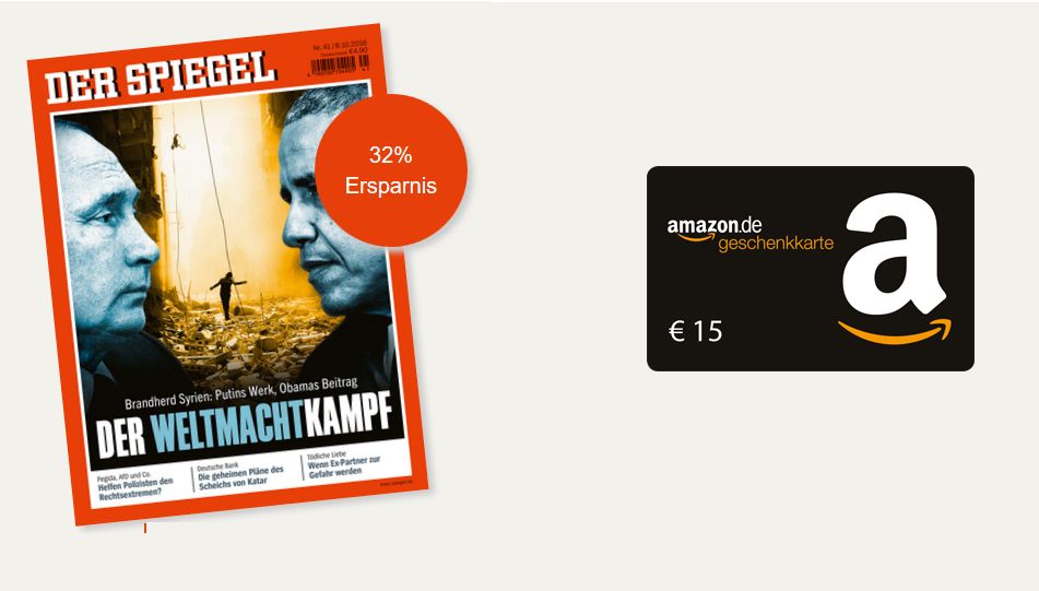 6 Ausgaben SPIEGEL durch 15,- Euro Amazon Gutschein effektiv nur 4,90 Euro
