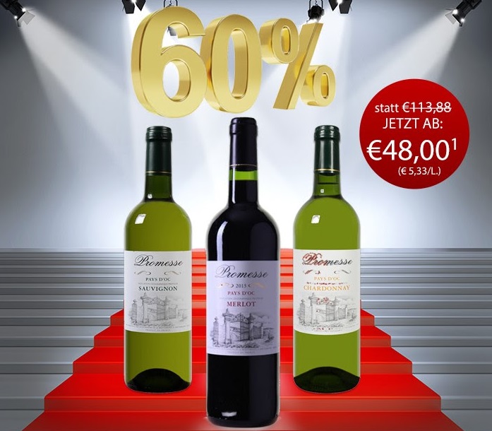 6 Flaschen Promesse – Merlot + 6 Flaschen Chardonnay oder Sauvignon Blanc für nur 48,- Euro inkl. Versand