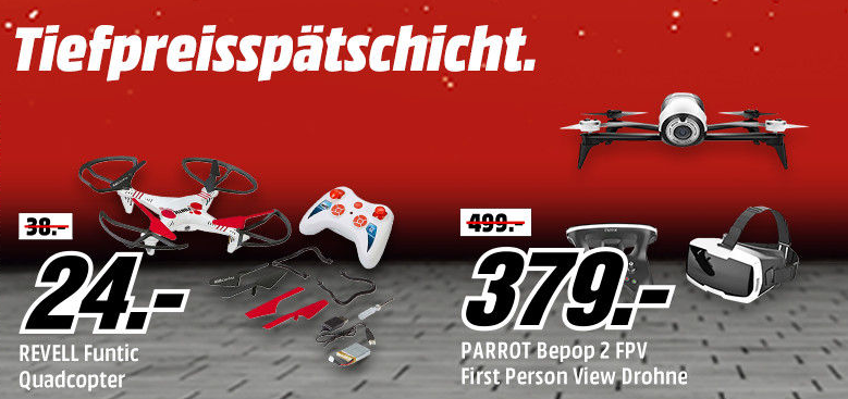 Media Markt Tiefpreisspätschicht mit ausgewählten Drohnen – z.B. PARROT Bebop 2 FPV Drohne für 379,- Euro