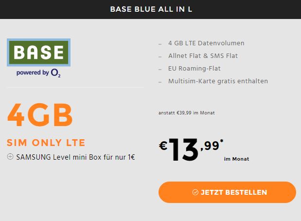 Knaller! Base Blue All-in L mit 4GB LTE Daten, Allnet- und SMS-Flat inkl. EU-Roaming Flat  für mtl. 13,99 Euro + tragbarer Samsung Lautsprecher für nur 1,- Euro