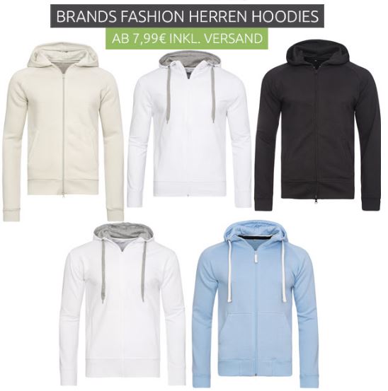 Brands Fashion Herren-/Damen- und Kinder Hoodies versch. Modelle ab 7,99 Euro inkl. Versand
