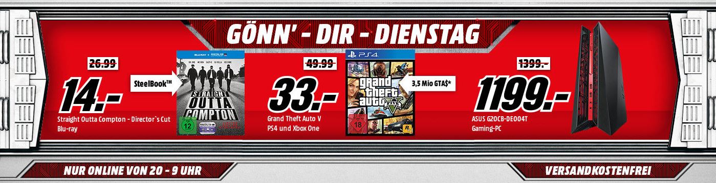 Media Markt Gönn dir Dienstag Deals mit verschiedenen Deals für Gamer und Filmbegeisterte – GTA 5 [PS4/Xbox One] + “3,5 Mio Ingame Dollar”-Gutschein für nur 33,- Euro inkl. Versand