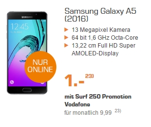 Samsung Galaxy A5 (2016) mit Surf 250 Vodafone Tarif nur 9,99 Euro monatlich bei Saturn!