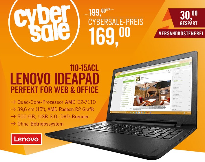 Lenovo IdeaPad 15″ Einsteiger-Notebook mit 4GB Ram und 500GB Festplatte aber ohne Windows nur 169,- Euro inkl. Versand