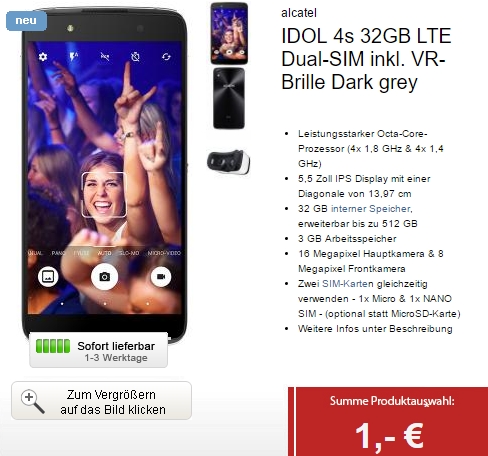 Blau Allnet XL Tarif mit 4GB LTE Flat, Allnet-Flat und SMS Flat für 24,99 Euro mtl. + Alcatel IDOL 4s 32GB LTE Smartphone inkl. VR-Brille für 1,- Euro