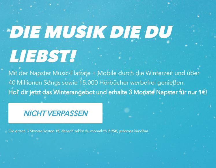 Geht noch! 3 Monate Napster Music-Flatrate für nur 1,- Euro (statt normal 29,85 Euro)