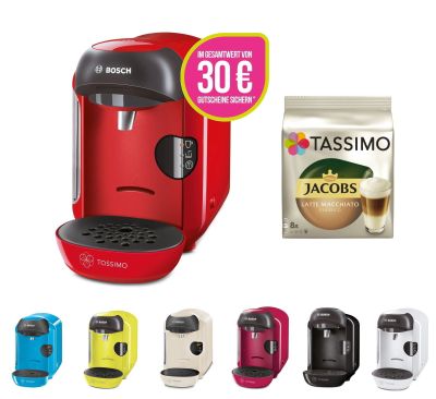 Bosch TASSIMO VIVY + 30,- Euro Tassimo Gutscheine + Jacobs Latte Macchiato classico nur 29,99 Euro