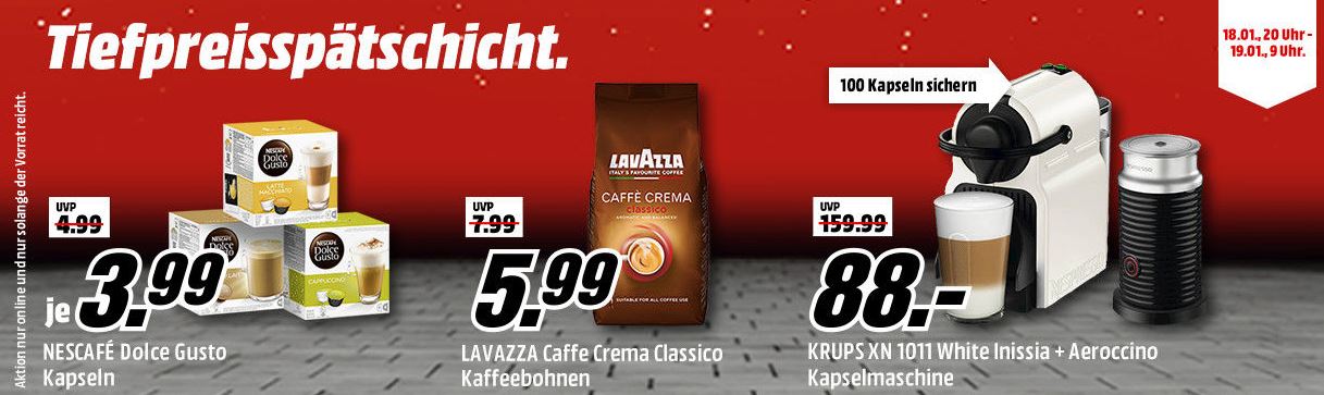 Tiefpreisspätschicht bei Media Markt mit reduzierten Artikeln und Aktionen von Lavazza, Nescafe und Krups