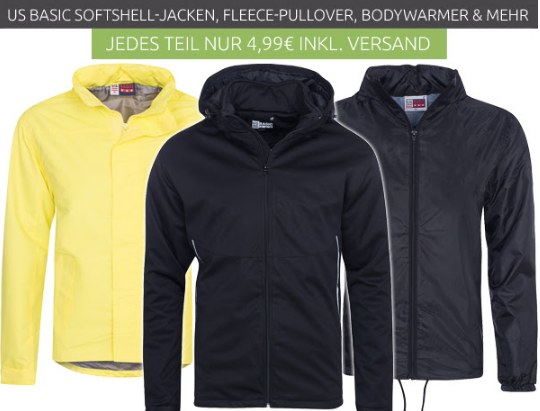 US Basic Fleecejacken, Softshell Jacken und Westen in verschiedenen Farben für nur 4,99 Euro inkl. Versand