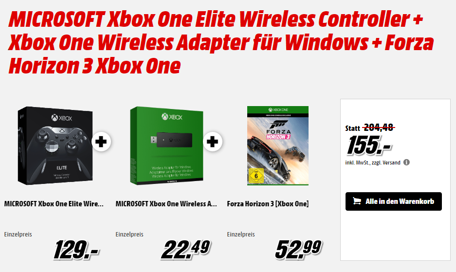 MICROSOFT Xbox One Elite Wireless Controller + Xbox One Wireless Adapter für Windows + Forza Horizon 3 Xbox One für nur 155,- Euro inkl. Versand