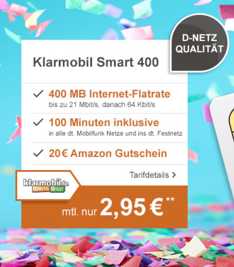 Klarmobil Smart 400 (100 Minuten + 400MB Internet) nur mtl. 2,95 Euro + 20,- Euro Amazon Gutschein