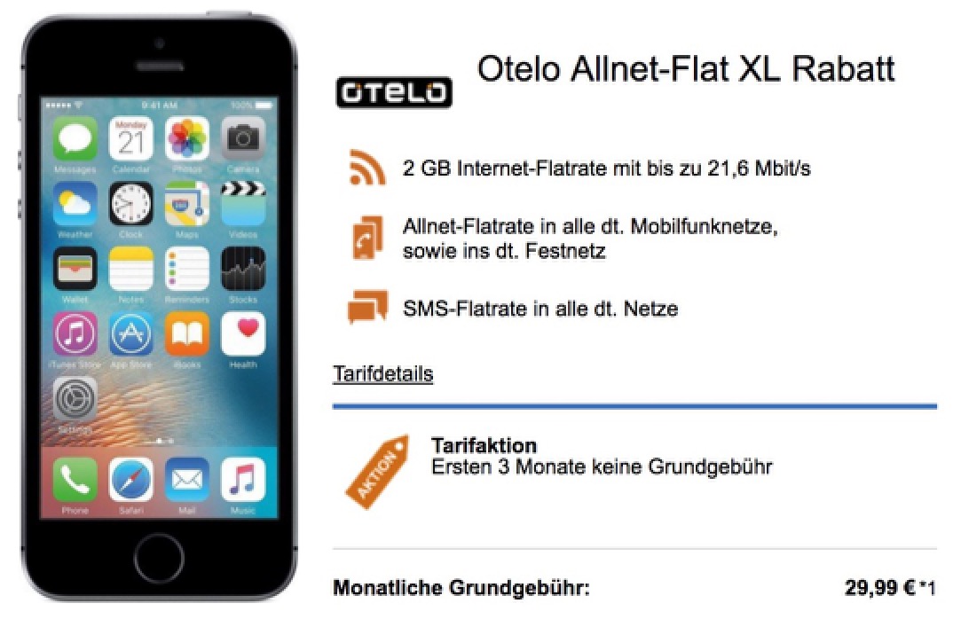 Otelo Allnet-Flat XL mit 2GB Daten für mtl. 29,99 Euro + iPhone SE 64GB für nur einmalig 1,- Euro