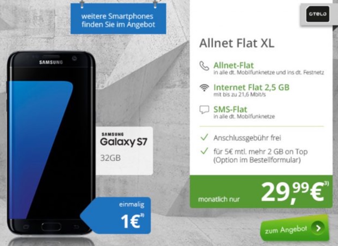 otelo Allnet-Flat XL mit 2,5GB Daten für mtl. 29,99 Euro + Top-Smartphone für nur einmalig 1,- Euro