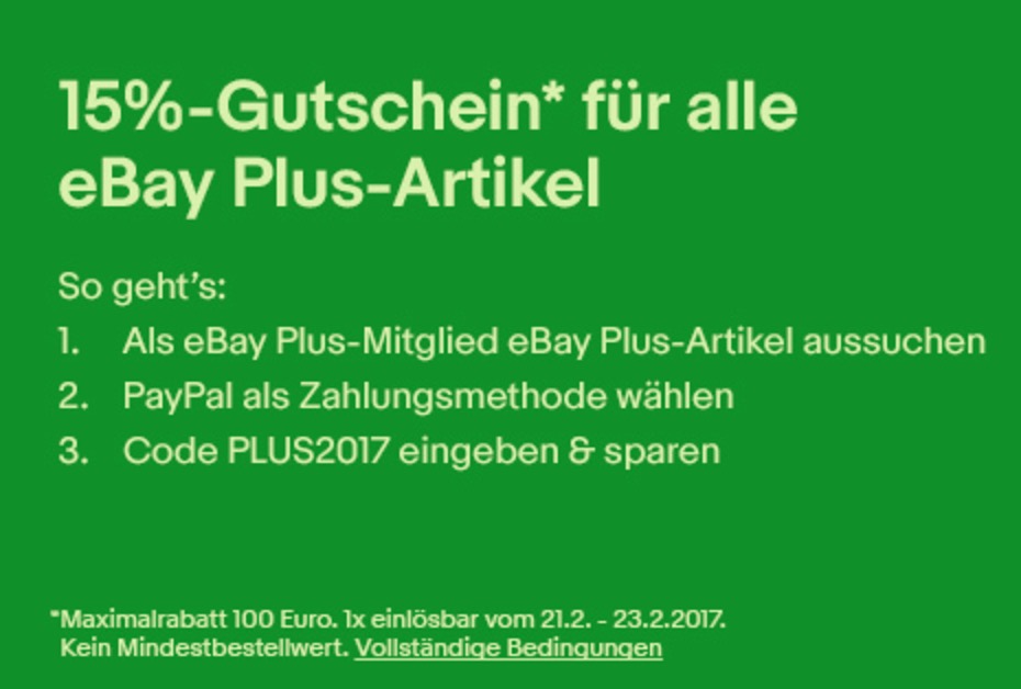 Für eBay Plus-Mitglieder: 15% Rabatt auf alle eBay Plus-Artikel!