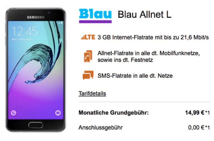Blau Allnet L mit 3GB Daten für mtl. 14,99 Euro + Samsung Galaxy A3 (2016) 16GB nur einmalig 1,- Euro – keine Datenautomatik!
