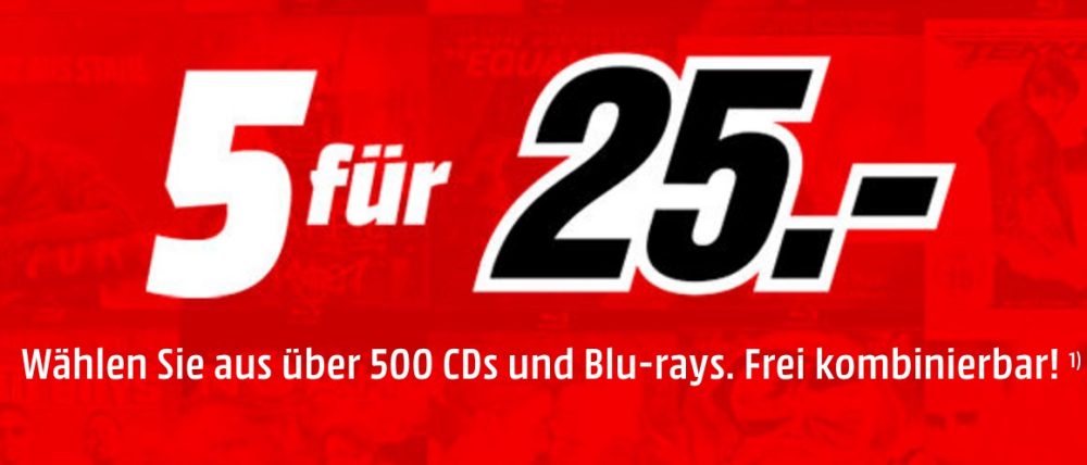 5 Blu-rays oder CDs (frei kombinierbar) für nur 25,- Euro bei Media Markt