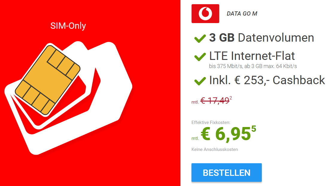 Vodafone DataGo M Tarif mit 3GB Datenvolumen mit bis zu 375 Mbit/s für nur effektiv 6,95 Euro monatllich