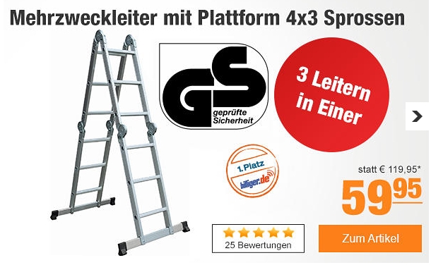 Plus des Tages: Atrox Mehrzweckleiter mit Plattform 4×3 Sprossen für 54,95 Euro