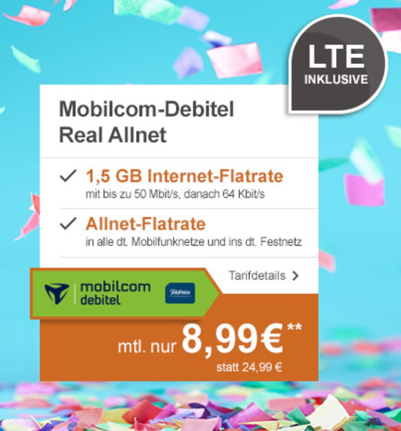 SIM-Only Knaller! Mobilcom-Debitel o2 Real Allnet mit Telefon-, SMS- & 1,5GB LTE Datenflat für nur mtl. 8,99 Euro