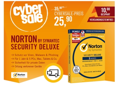 Symantec Norton Security 3.0 für 5 Geräte (1 Jahr) nur 25,90 Euro im Cyber Sale