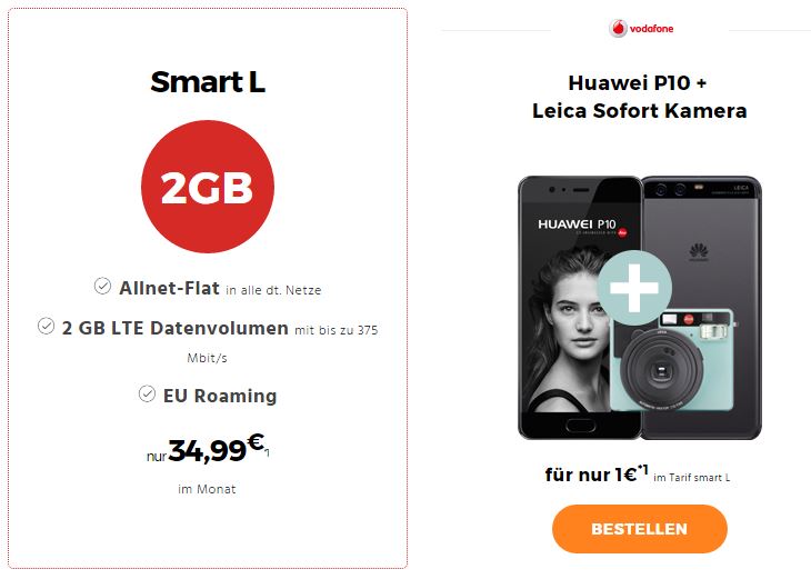 Vodafone Smart L (2GB LTE, Allnet-Flat) für nur 34,99 Euro mtl. + Leica Sofortbildkamera + Huawei P10 für nur einmalig 1,- Euro Zuzahlung