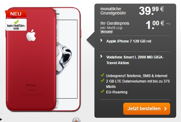 Das neue iPhone 7 in Rot mit 128GB Speicher für nur 1,- Euro im Vodafone Smart L Tarif für monatlich 39,99 Euro