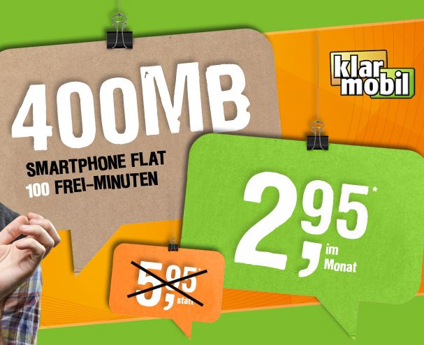 Letzte Chance! Klarmobil Smartphone Flat im Telekom-Netz mit 400MB Daten und 100 Minuten nur 2,95 Euro